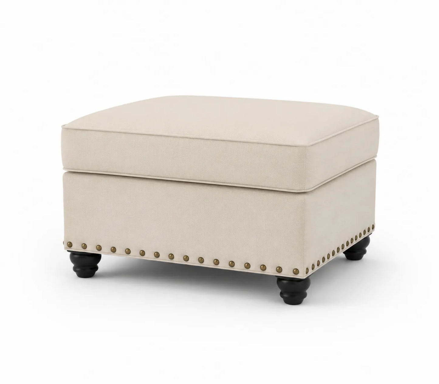 Poggiapiedi quadrato in tessuto beige con gambe in legno scuro