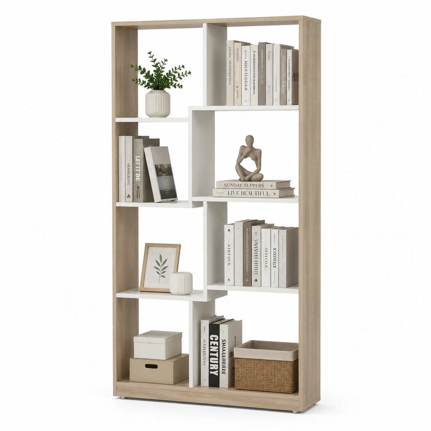 Libreria a sei ripiani in truciolato bianco e rovere 180x80x24 cm
