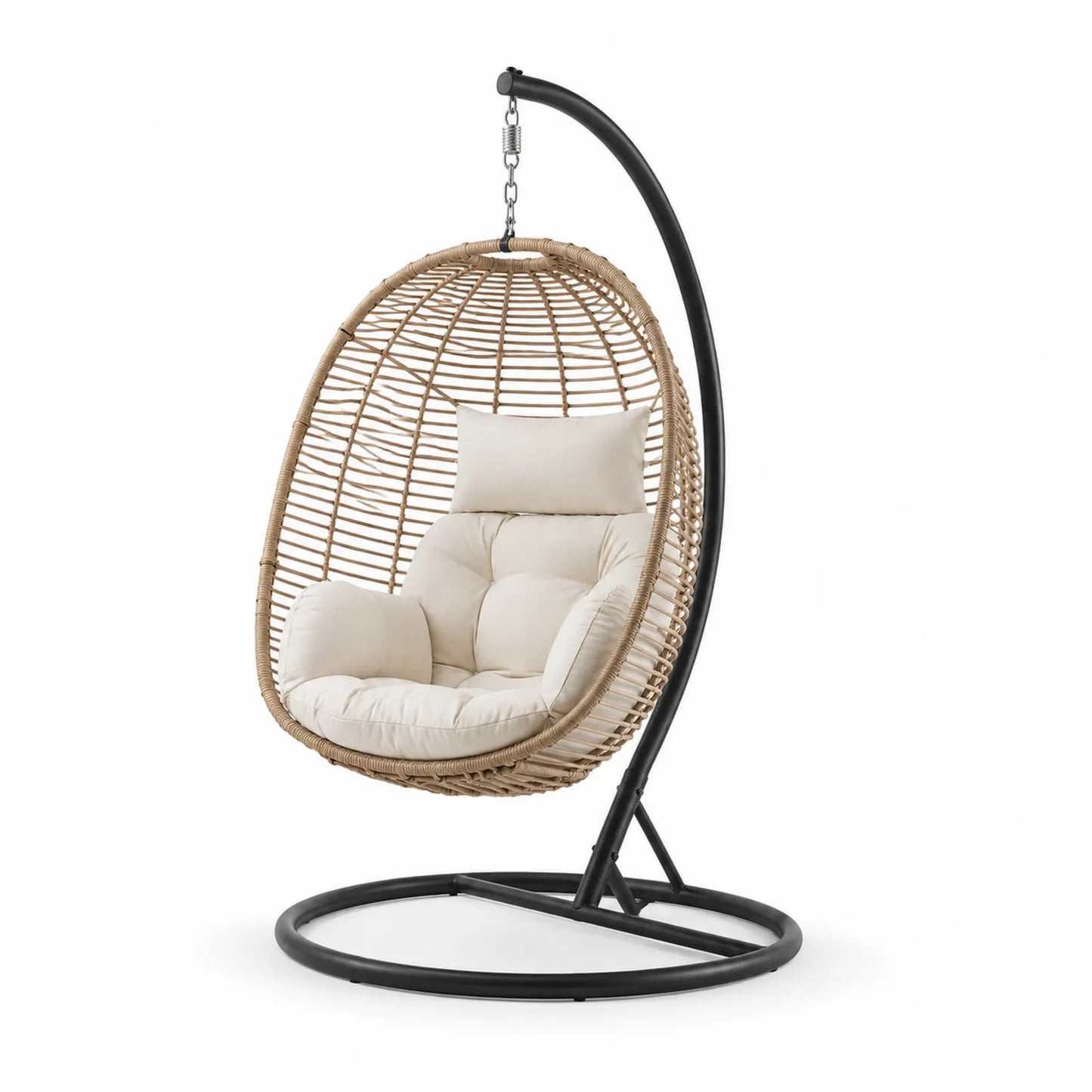Sedia sospesa in rattan e metallo nero con cuscini beige