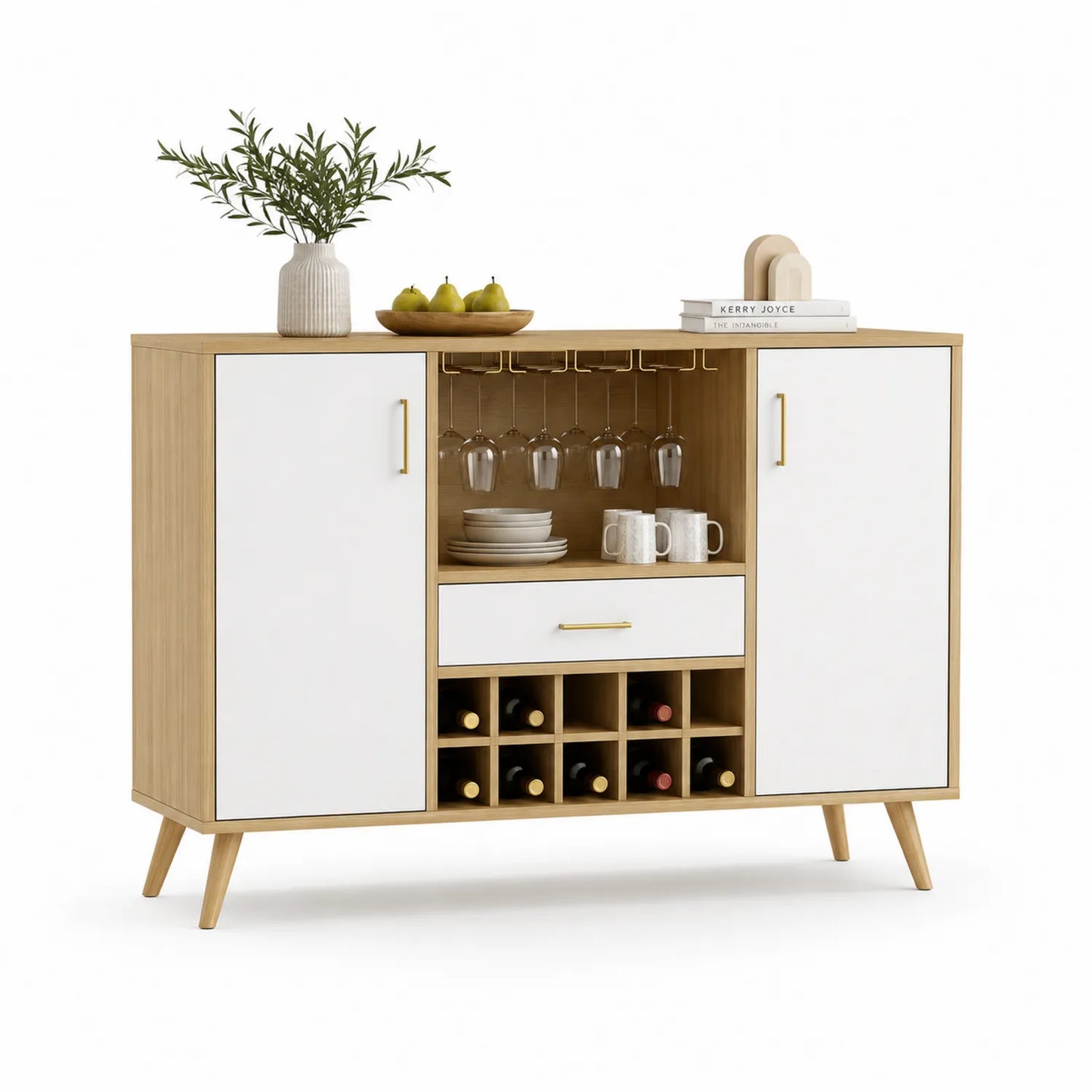 Credenza in Legno e MDF Rovere e Bianco con Cantinetta e Portabicchieri