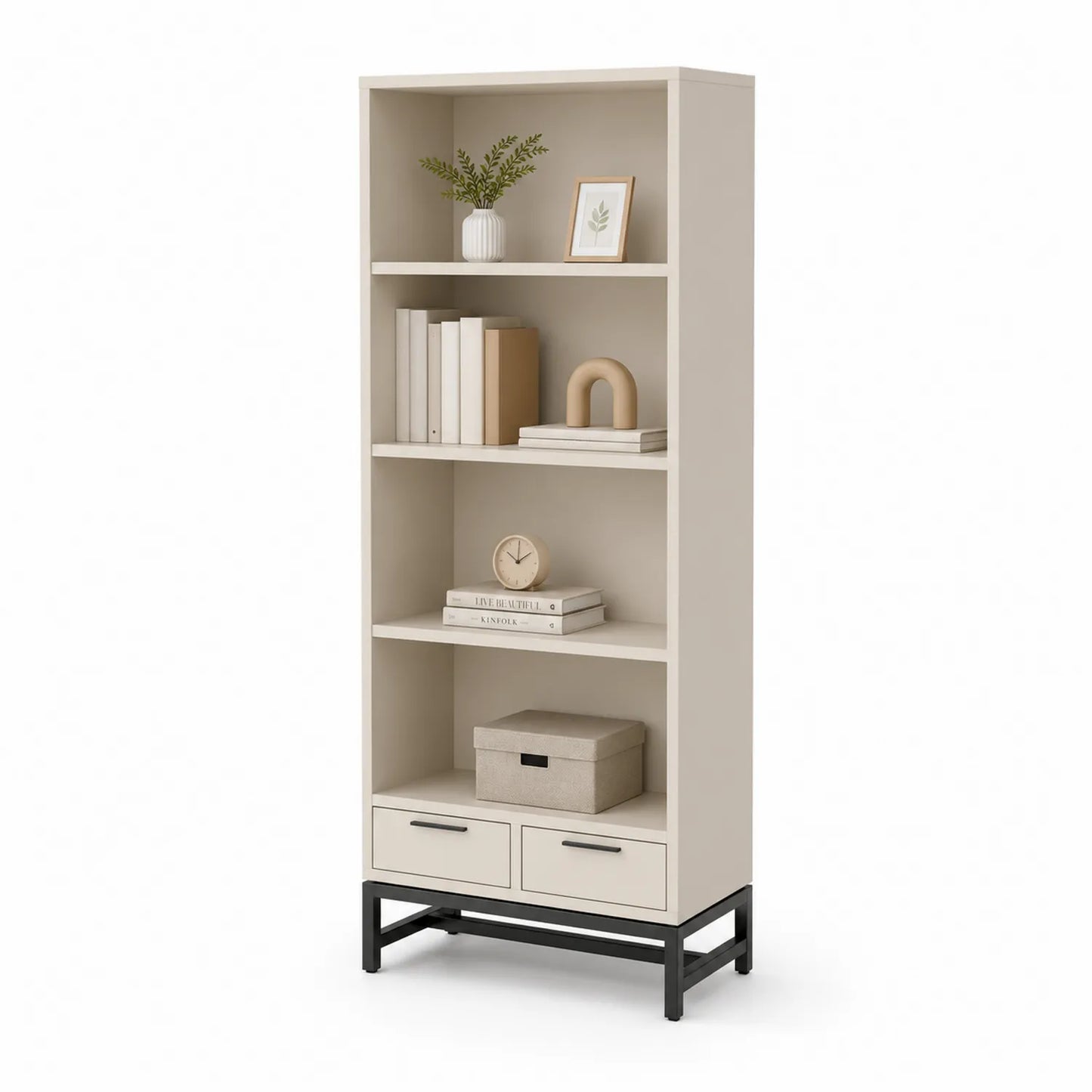 Libreria in Legno con 2 Cassetti in Metallo Beige 180x60x30 cm