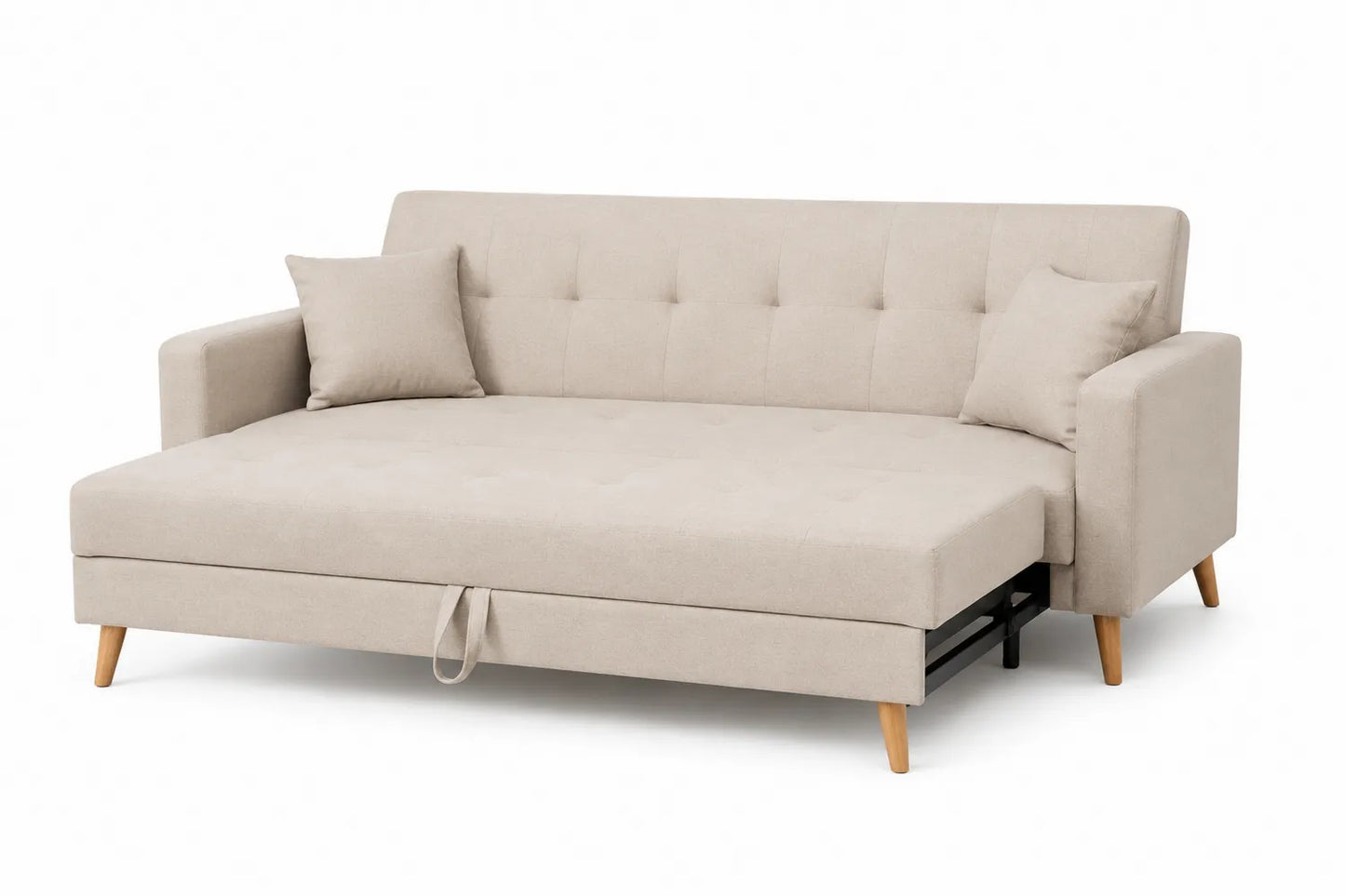 Divano Letto in Tessuto Beige con Gambe in Legno