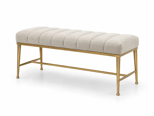 Panca imbottita rettangolare tessuto beige gambe metallo dorato