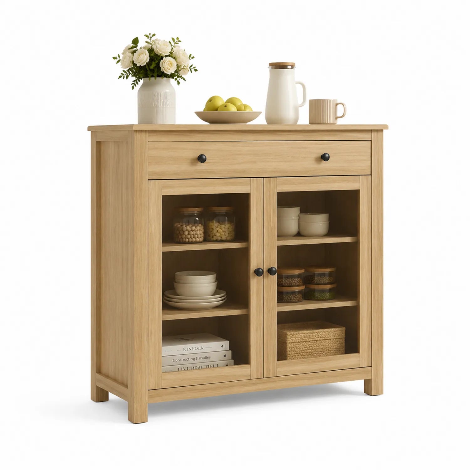 Credenza in Legno Chiaro con Ante in Vetro Temperato