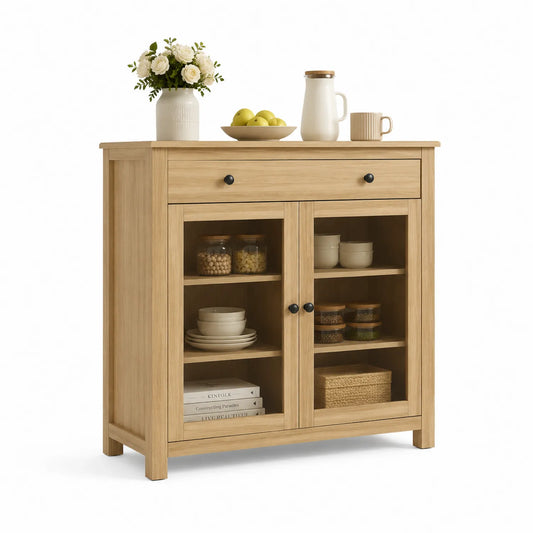 Credenza in Legno Chiaro con Ante in Vetro Temperato