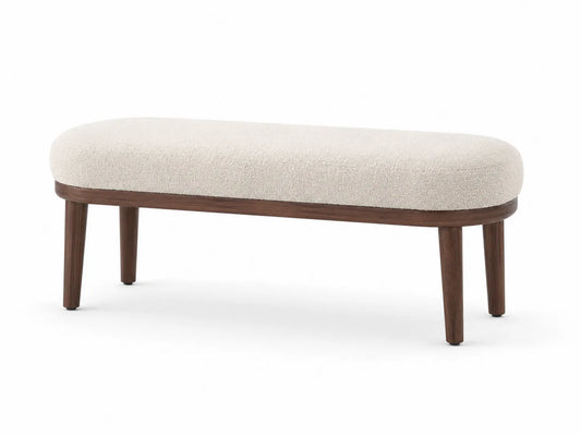 Panca rettangolare in tessuto bouclé beige con gambe in legno