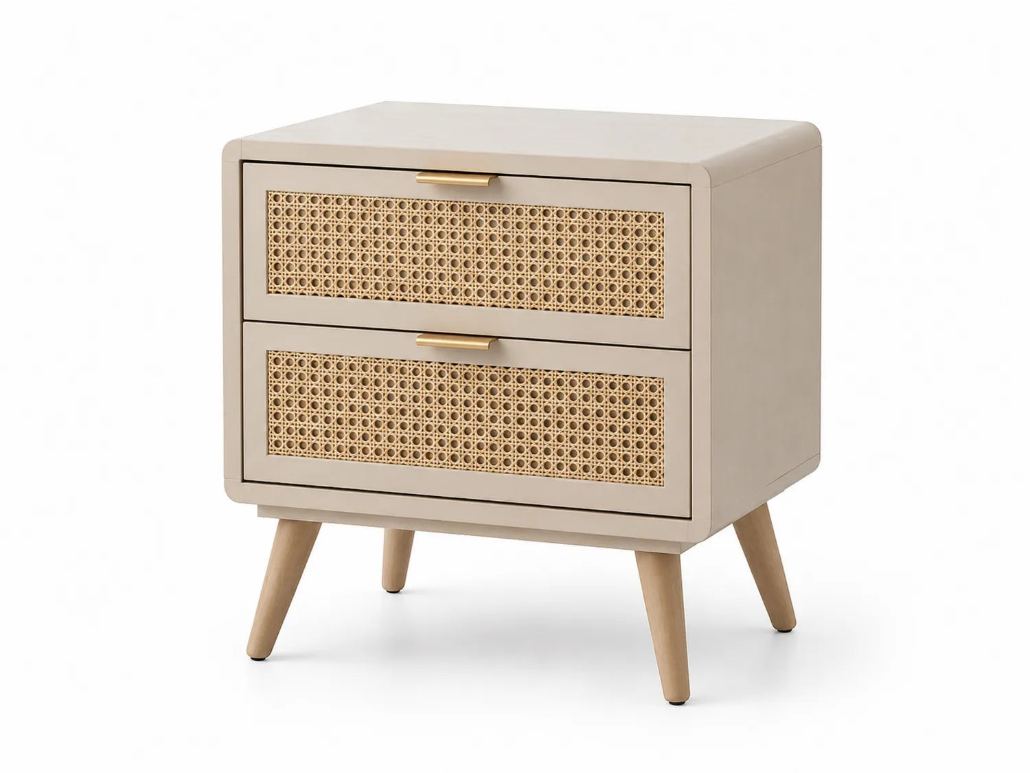 Comodino in Legno con Cassetti in Paglia di Vienna Beige 45x35x55 cm