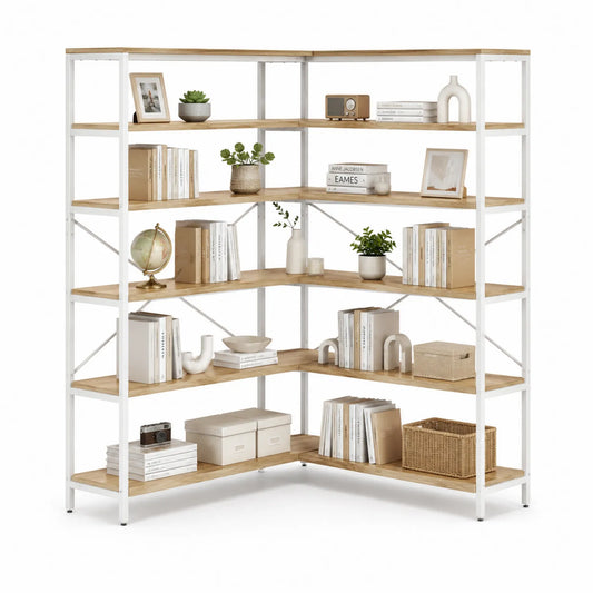 Scaffale ad Angolo in Metallo e Legno 5 Ripiani Bianco/Naturale