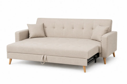 Divano Letto in Tessuto Beige con Gambe in Legno