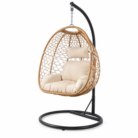 Sedia Sospesa in Rattan con Cuscini in Poliestere Beige e Struttura in Acciaio